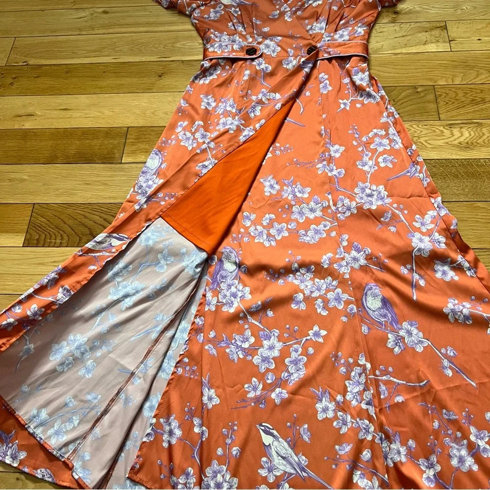 ModCloth Hutch Anthropologie Orange with Purple Floral Wrap Dress Size 0 - Picture 8 of 10